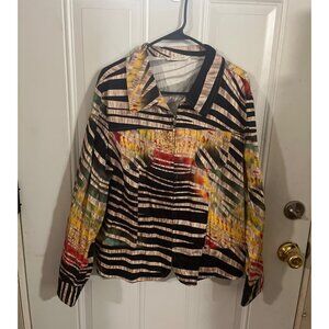 Erin London black yellow orange green zip front striped jacket size XL